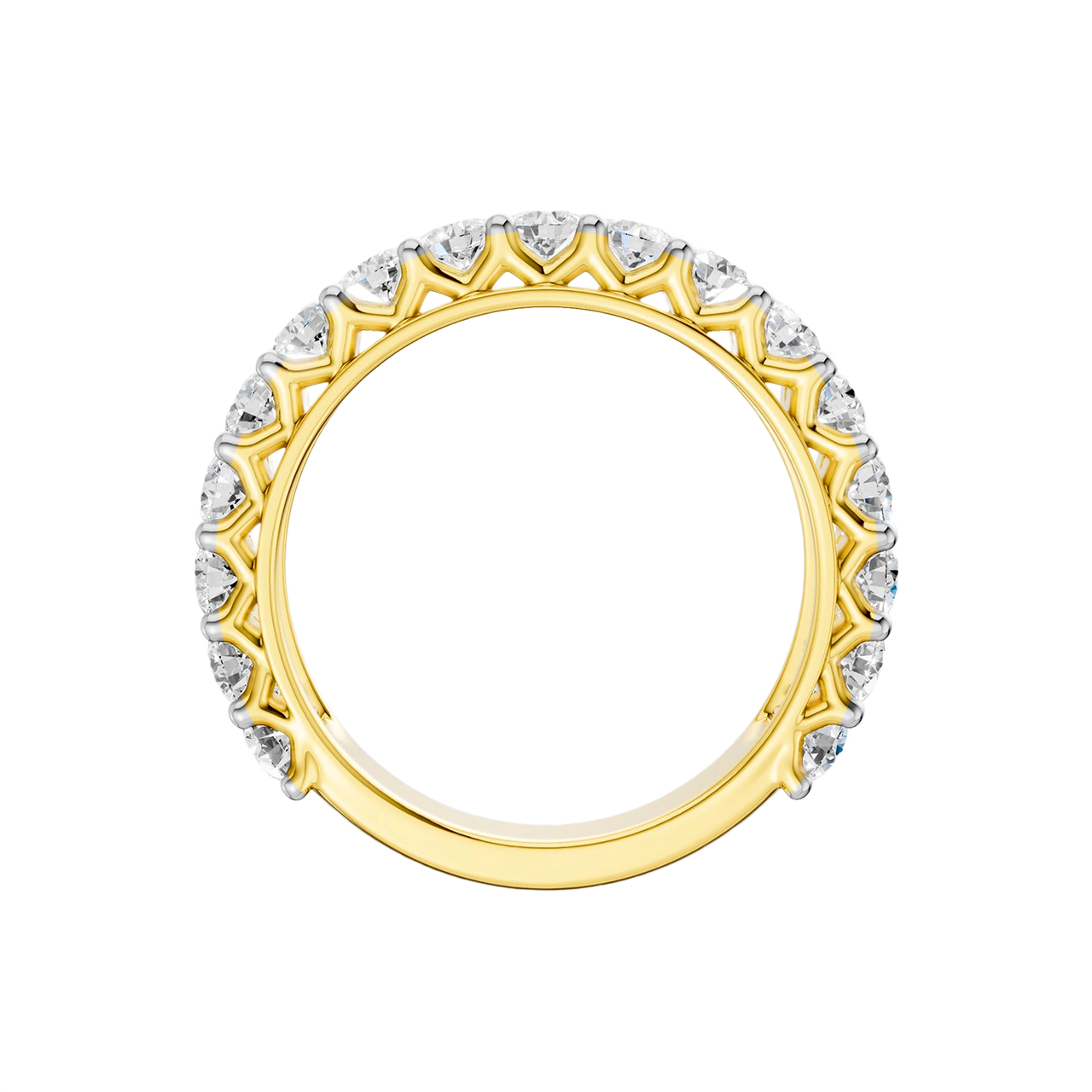 A breathtaking 14k yellow gold full eternity band featuring two rows of shimmering round-cut lab-grown diamonds totaling 3.0 carats.