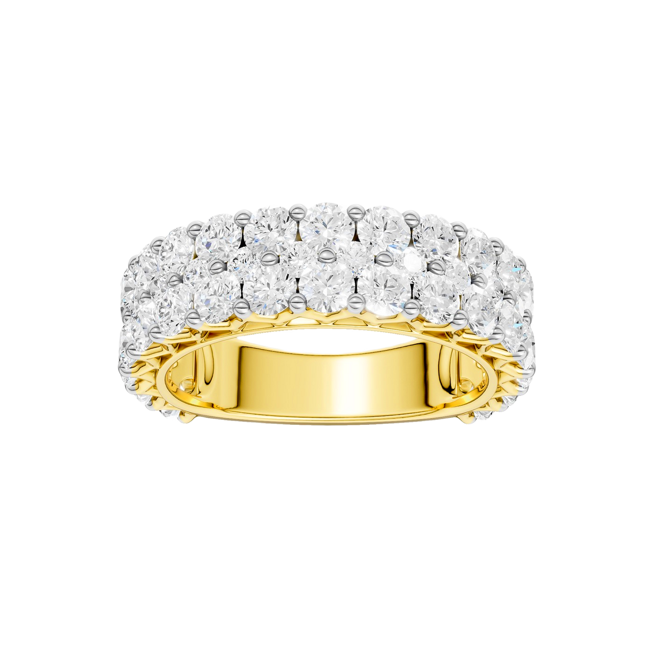 A breathtaking 14k yellow gold full eternity band featuring two rows of shimmering round-cut lab-grown diamonds totaling 3.0 carats.