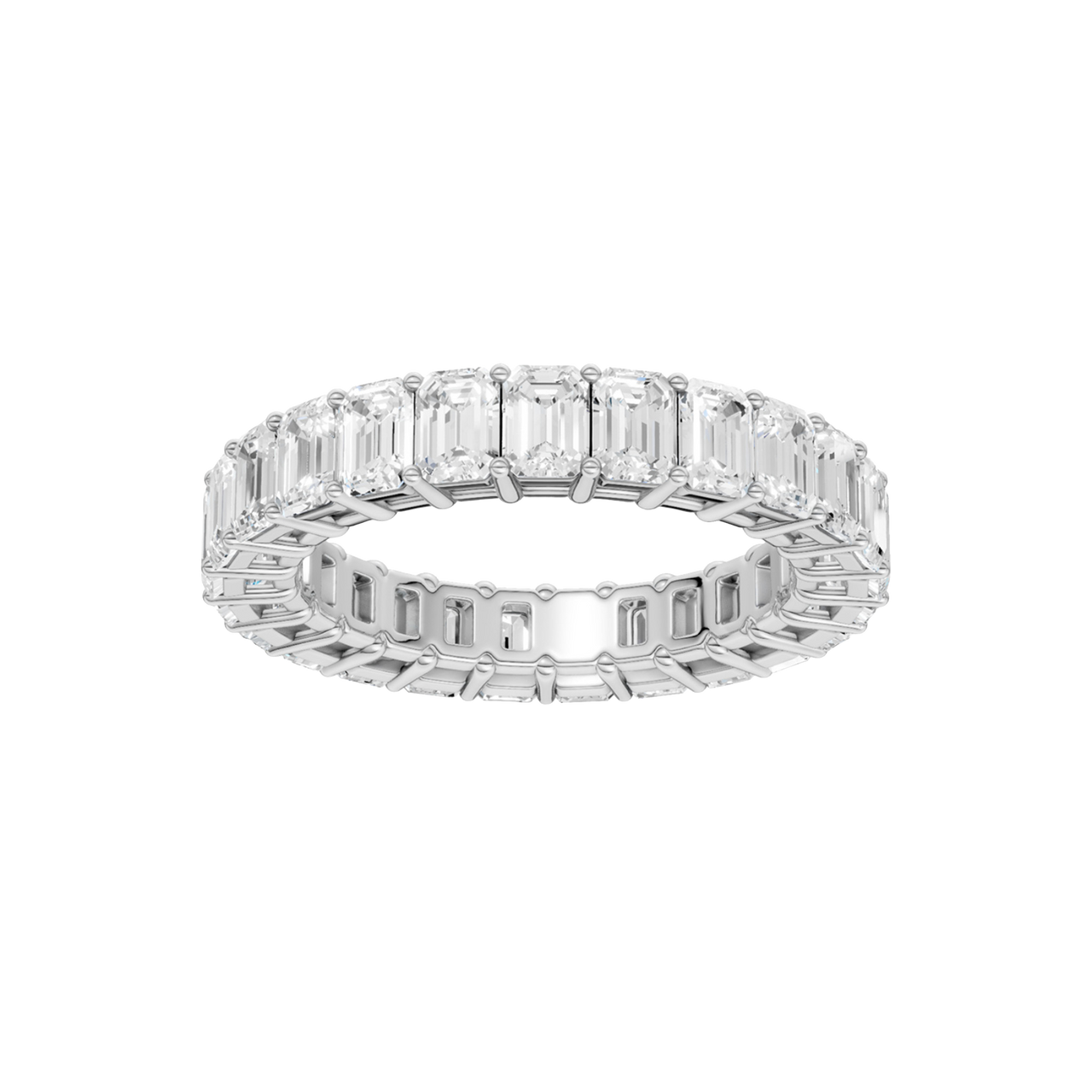 A top-down view of a 14K white gold eternity band with a continuous line of bold, horizontally-set rectangular jewels.