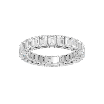 A top-down view of a 14K white gold eternity band with a continuous line of bold, horizontally-set rectangular jewels.