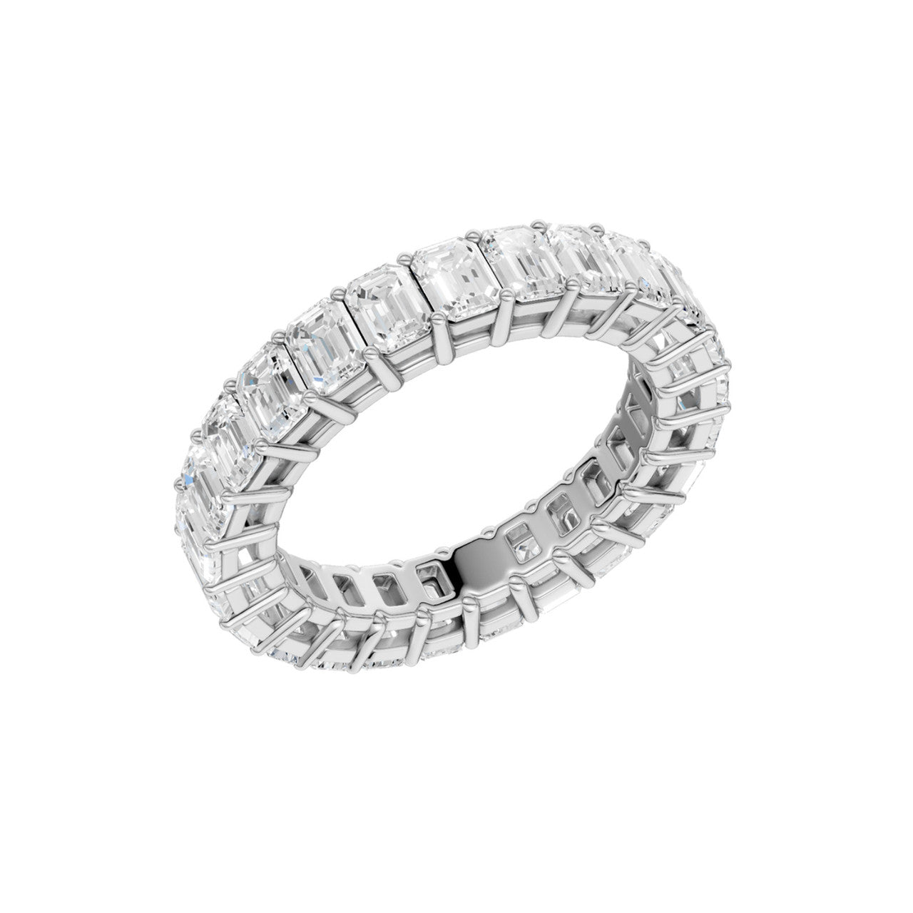 An angled view of a 14K white gold eternity band, showcasing the impressive brilliance of the rectangular jewels.