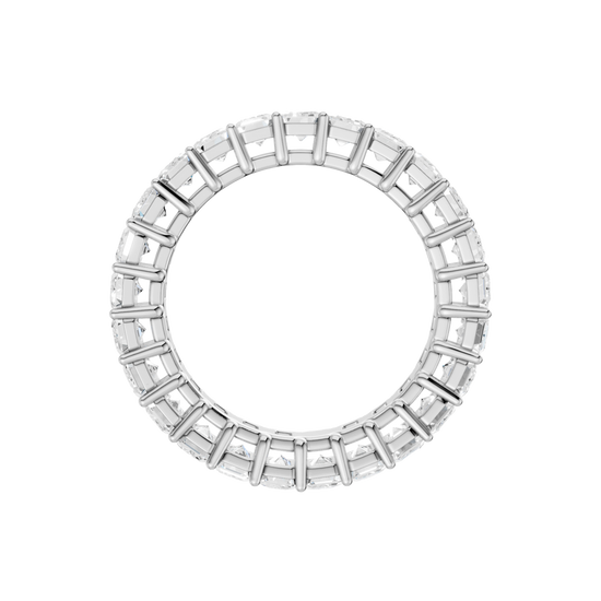 A front view of a 14K white gold eternity ring, showcasing sparkling rectangular gemstones.