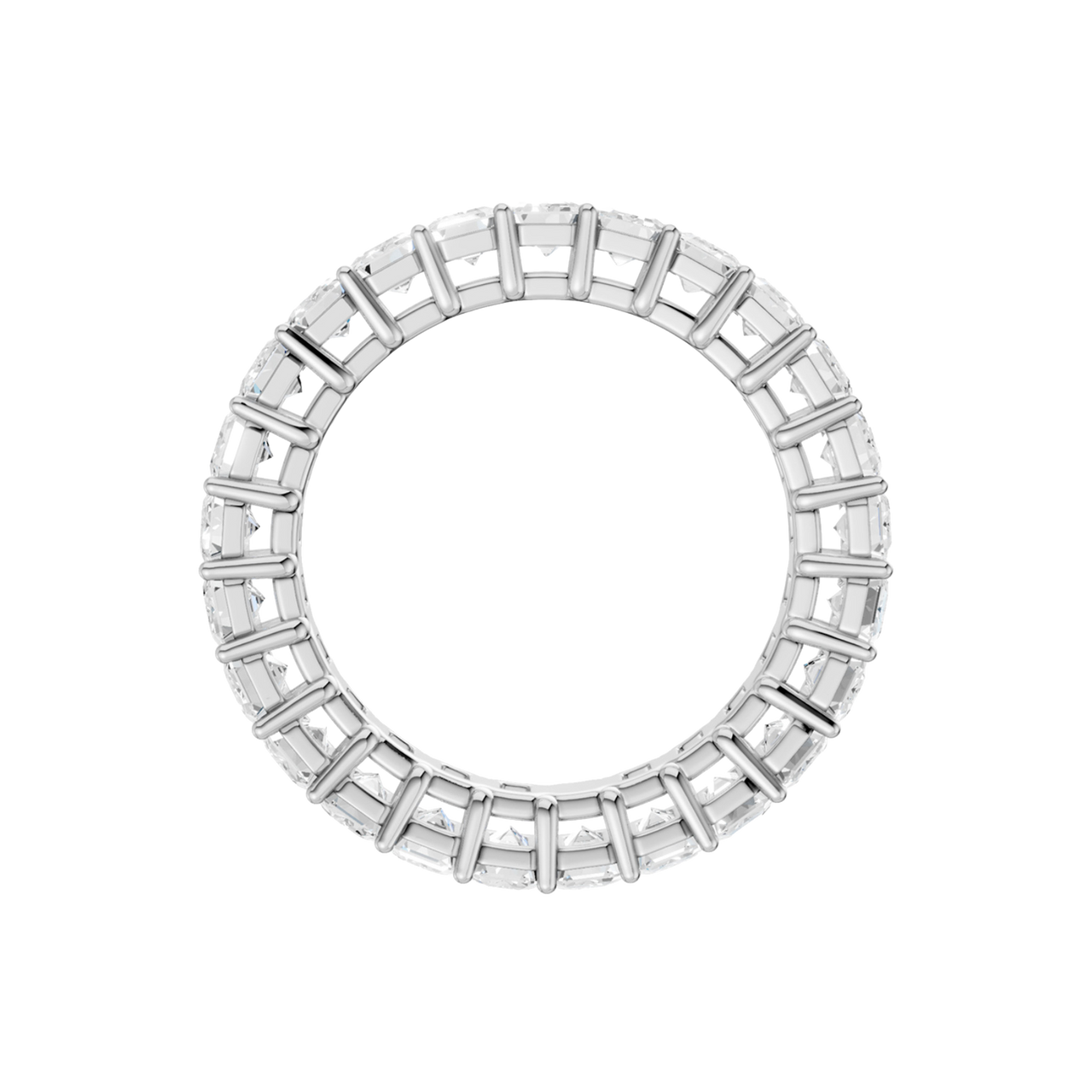 A front view of a 14K white gold eternity ring, showcasing sparkling rectangular gemstones.