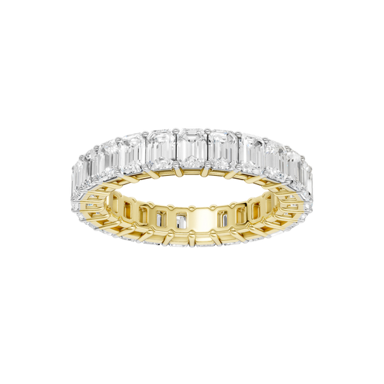 A top-down view of a 14K yellow gold eternity band with a continuous line of bold, horizontally-set rectangular jewels.