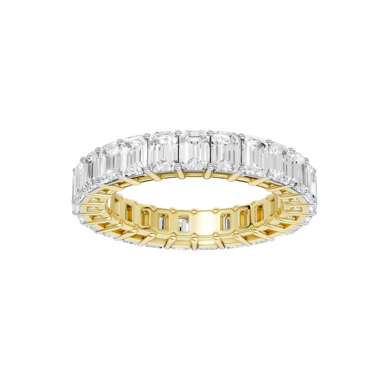A top-down view of a 14K yellow gold eternity band with a continuous line of bold, horizontally-set rectangular jewels.