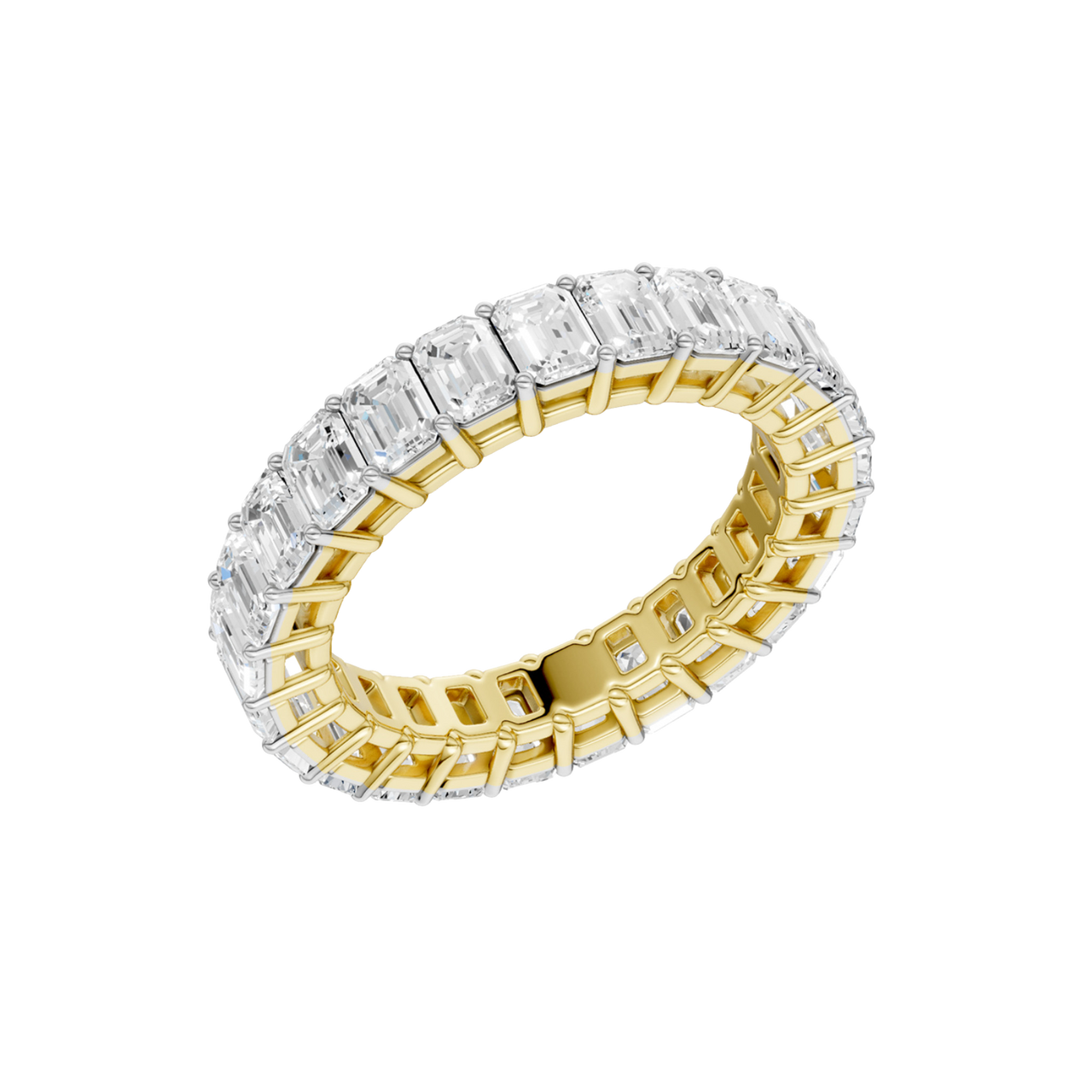 An angled view of a 14K yellow gold eternity band, showcasing the impressive brilliance of the rectangular jewels.