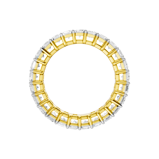 A front view of a 14K yellow gold eternity ring, showcasing sparkling rectangular gemstones.