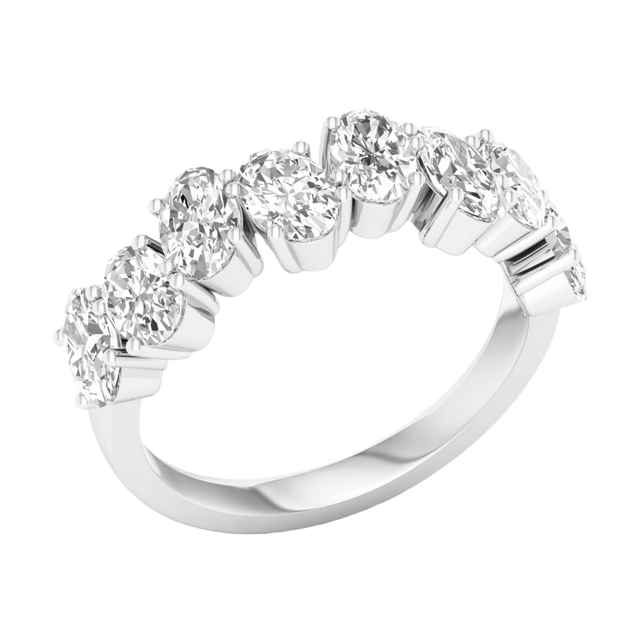 A brilliant 14k white gold anniversary band showcasing a continuous row of premium 2.0cttw oval-cut lab-grown diamonds.