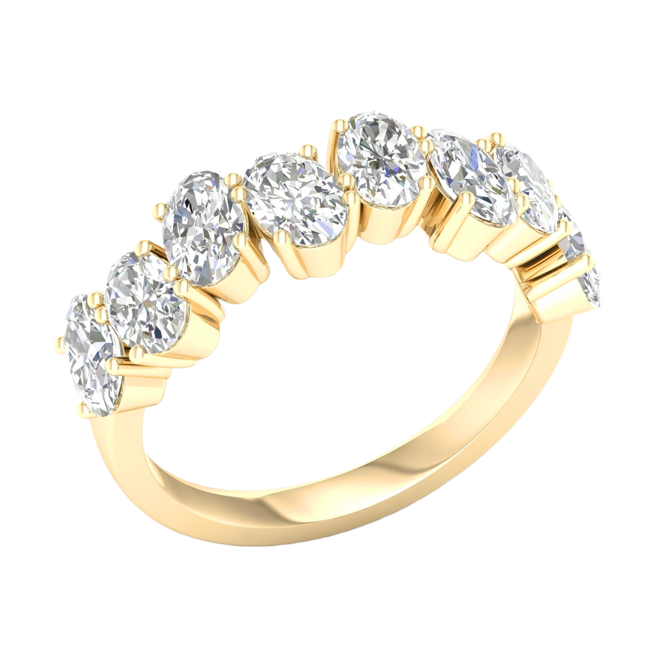 A sophisticated 14k yellow gold 2/3 eternity wedding band featuring 2.0 total carats of shimmering oval-cut lab-grown diamonds.