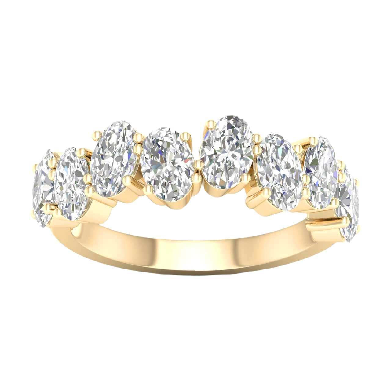 A sophisticated 14k yellow gold 2/3 eternity wedding band featuring 2.0 total carats of shimmering oval-cut lab-grown diamonds.