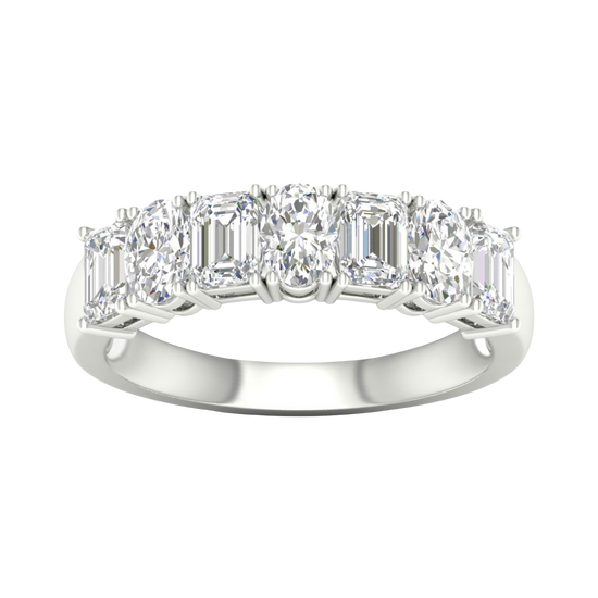 A top-down view of a 14K white gold eternity ring with a continuous line of bold, horizontally-set emerald-cut diamonds.