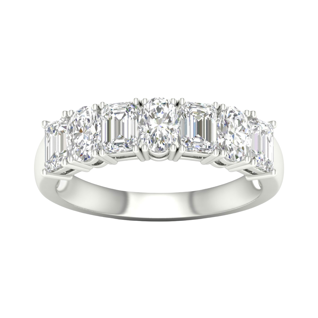 A top-down view of a 14K white gold eternity ring with a continuous line of bold, horizontally-set emerald-cut diamonds.