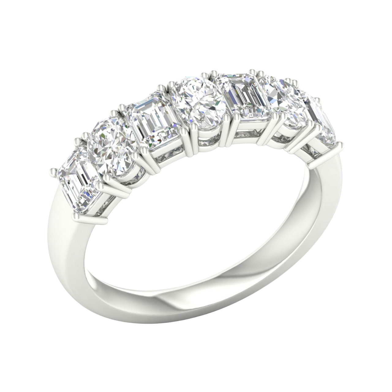 An angled view of a 14K white gold eternity ring, showcasing the magnificent line of diamonds.
