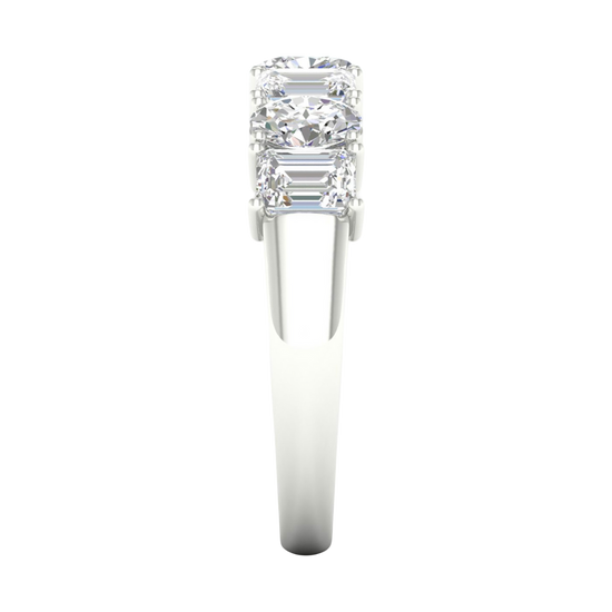A side-profile view of a 14K white gold eternity ring, showing the secure setting and the large emerald-cut diamonds.