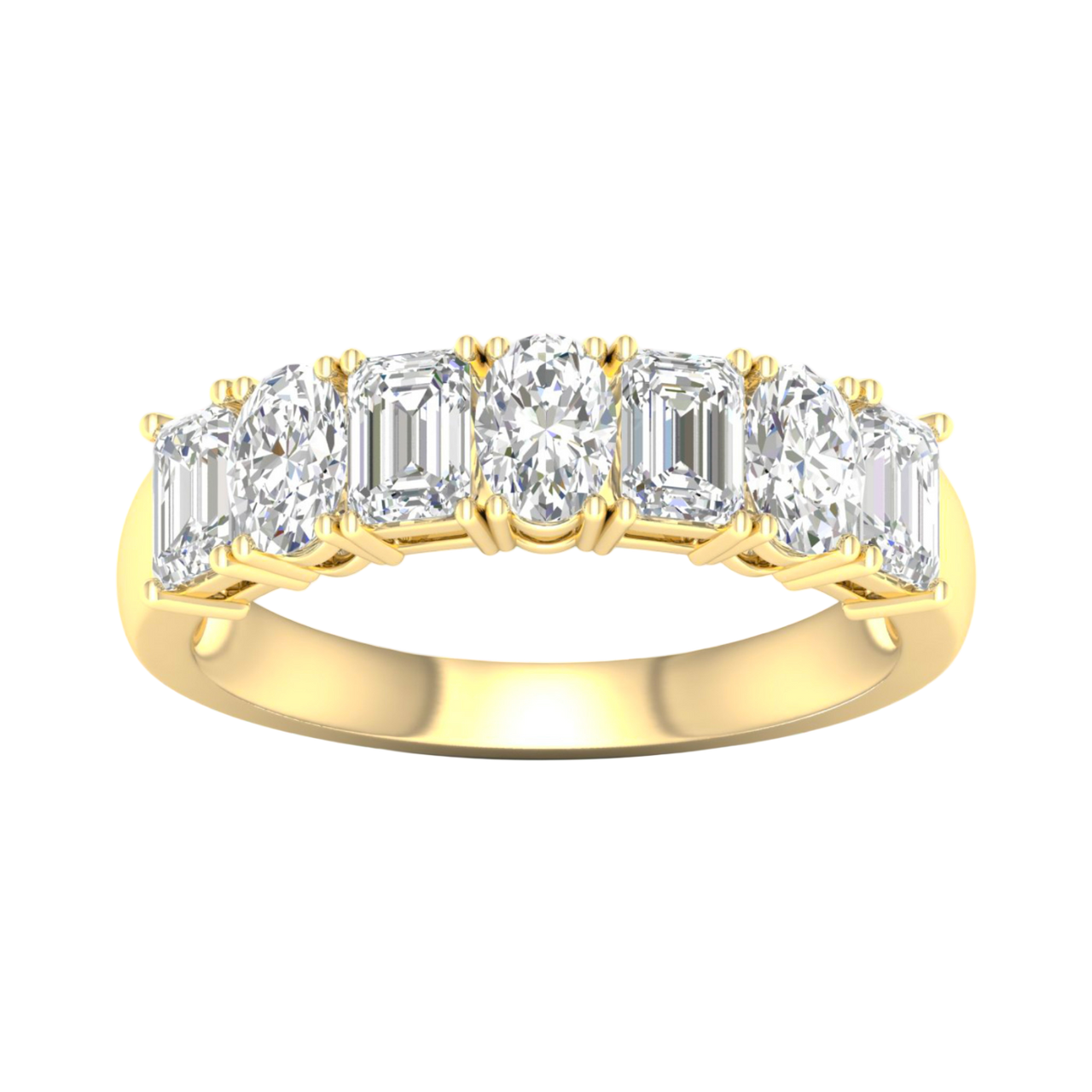 A top-down view of a 14K yellow gold eternity ring with a continuous line of bold, horizontally-set emerald-cut diamonds.
