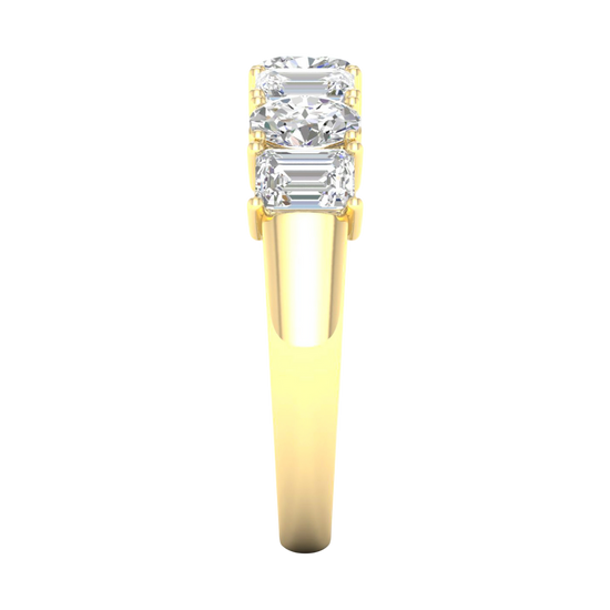 A side-profile view of a 14K yellow gold eternity ring, showing the secure setting and the large emerald-cut diamonds.