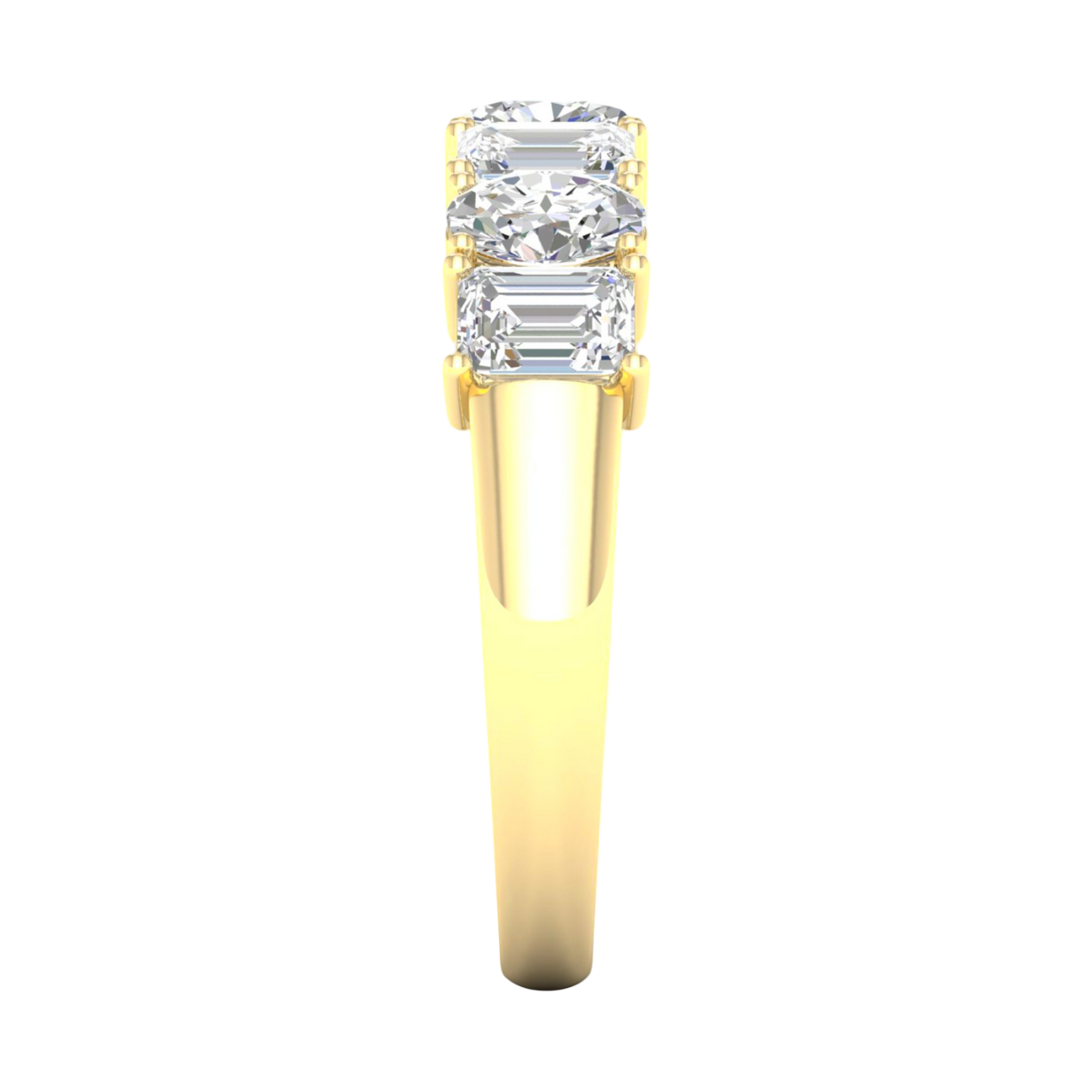 A side-profile view of a 14K yellow gold eternity ring, showing the secure setting and the large emerald-cut diamonds.