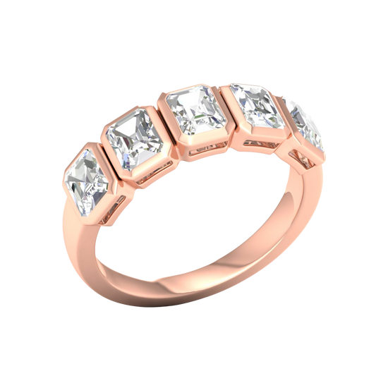 An angled view of a 14K rose gold ring, showcasing the series of horizontal rectangular diamonds and the fluid connections between them.