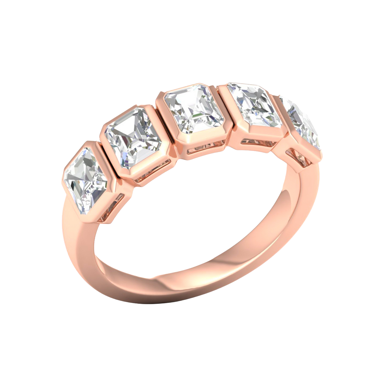 An angled view of a 14K rose gold ring, showcasing the series of horizontal rectangular diamonds and the fluid connections between them.