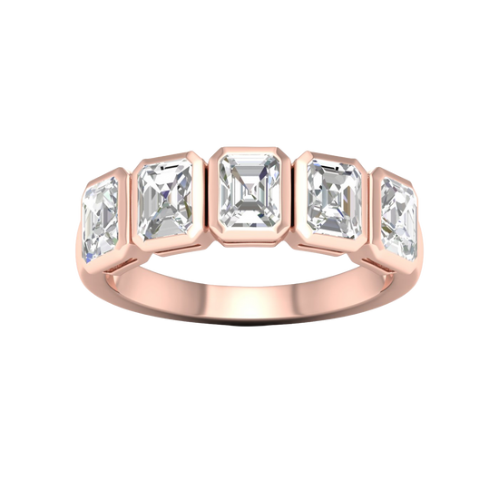 A top-down view of a 14K rose gold ring with a series of horizontal, rectangular diamonds.