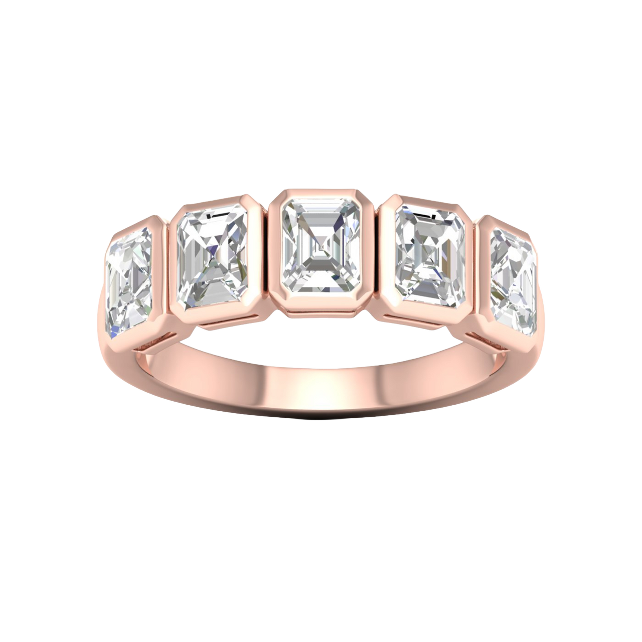 A top-down view of a 14K rose gold ring with a series of horizontal, rectangular diamonds.