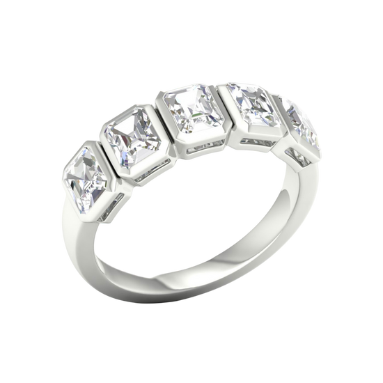 An angled view of a 14K white gold ring, showcasing the series of horizontal rectangular diamonds and the fluid connections between them.