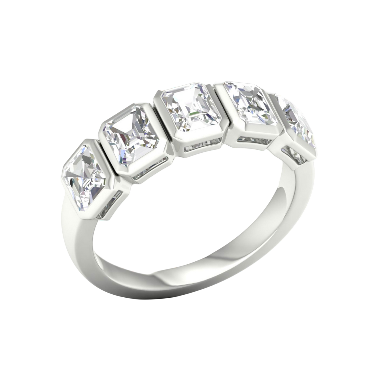 An angled view of a 14K white gold ring, showcasing the series of horizontal rectangular diamonds and the fluid connections between them.