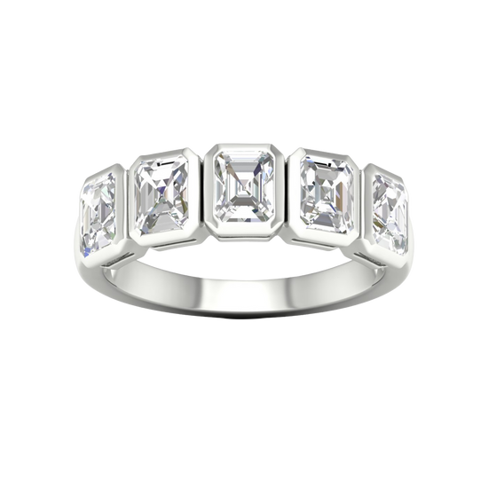 A top-down view of a 14K white gold ring with a series of horizontal, rectangular diamonds.