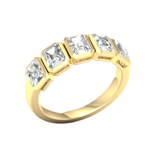 An angled view of a 14K yellow gold ring, showcasing the series of horizontal rectangular diamonds and the fluid connections between them.