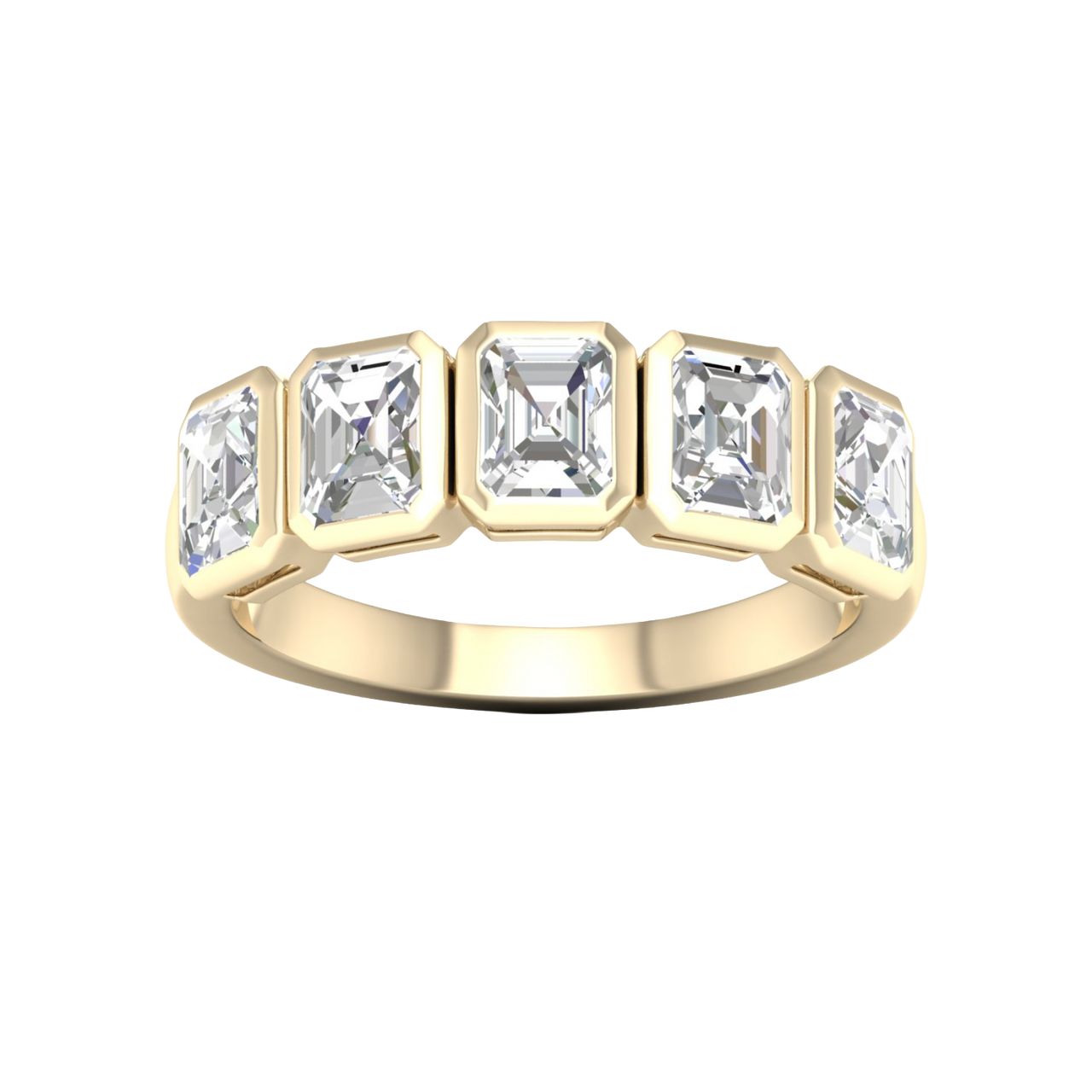 A top-down view of a 14K yellow gold ring with a series of horizontal, rectangular diamonds.