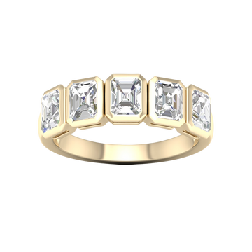 A top-down view of a 14K yellow gold ring with a series of horizontal, rectangular diamonds.