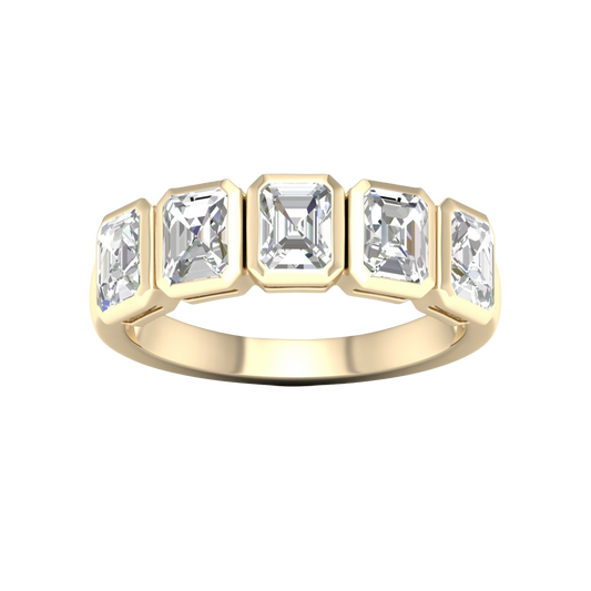 A top-down view of a 14K yellow gold ring with a series of horizontal, rectangular diamonds.
