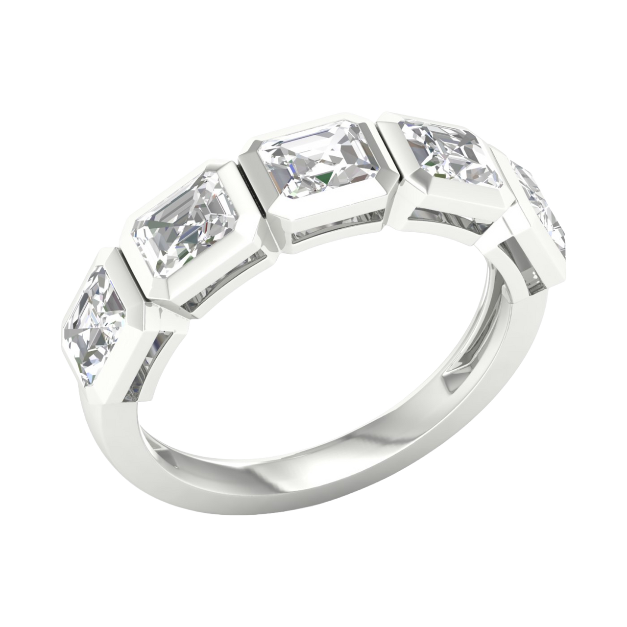 An angled view of a 14K white gold ring, showcasing the series of horizontal square-cut diamonds and the sleek connections between them.