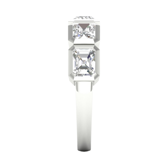 A side-profile view of a 14K white gold ring with a series of square-cut diamonds, showing the modern bezel setting.