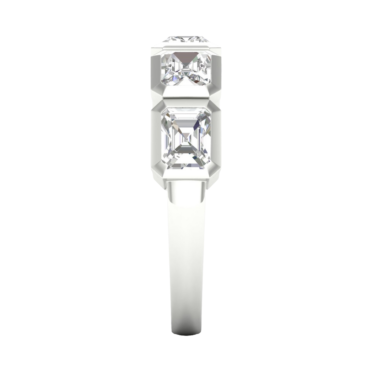 A side-profile view of a 14K white gold ring with a series of square-cut diamonds, showing the modern bezel setting.
