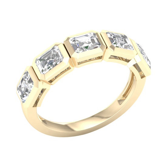 An angled view of a 14K yellow gold ring, showcasing the series of horizontal square-cut diamonds and the sleek connections between them.