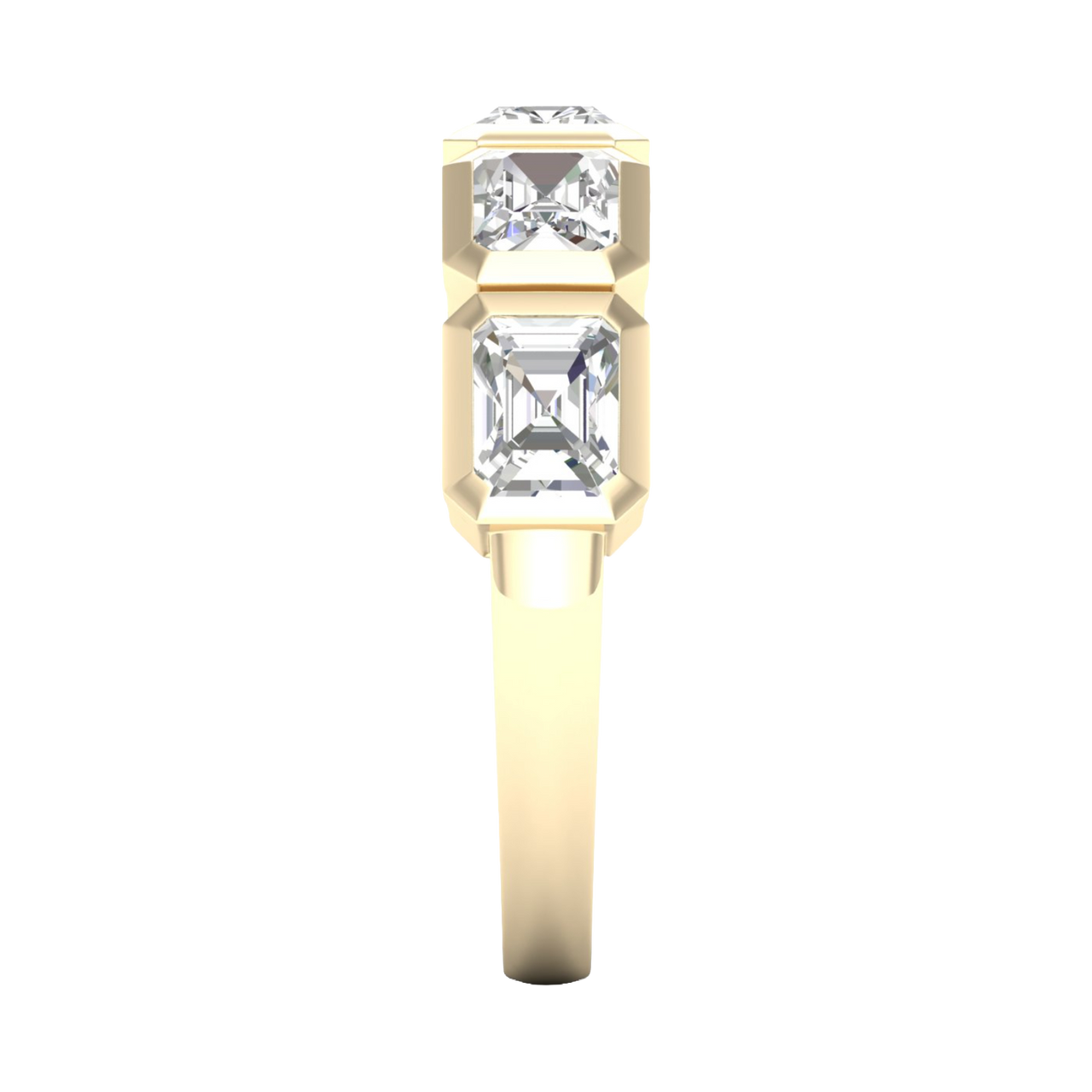 A side-profile view of a 14K yellow gold ring with a series of square-cut diamonds, showing the modern bezel setting.