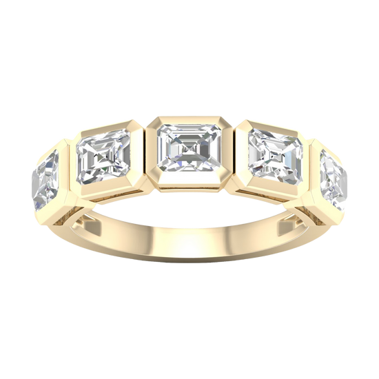 A top-down view of a 14K yellow gold ring with a continuous series of horizontal, square-cut diamonds.