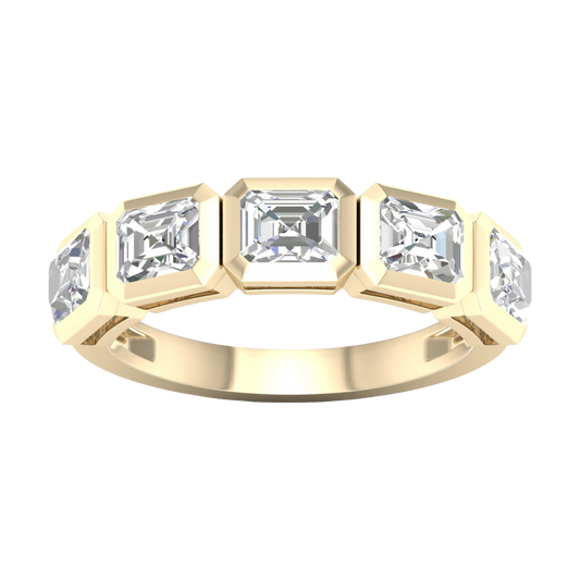A top-down view of a 14K yellow gold ring with a continuous series of horizontal, square-cut diamonds.