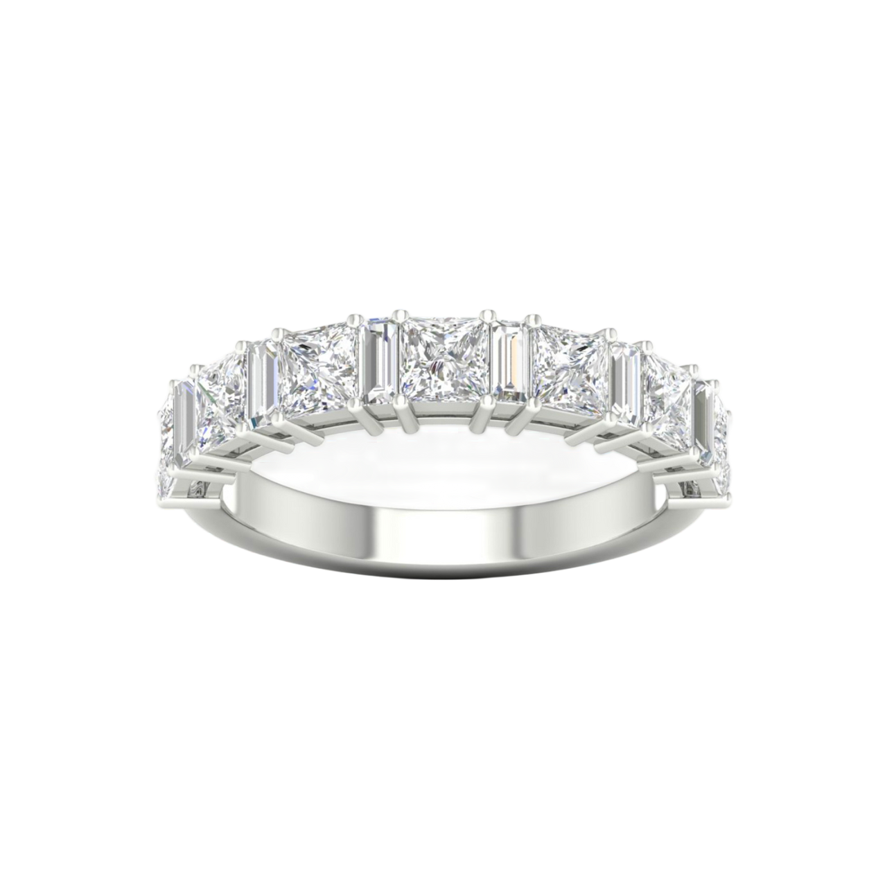 A top-down view of a 14K white gold eternity ring with a continuous line of horizontally-set princess-cut diamonds.