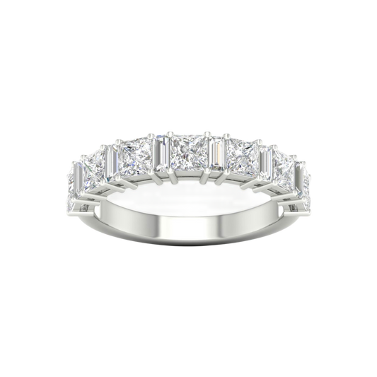 A top-down view of a 14K white gold eternity ring with a continuous line of horizontally-set princess-cut diamonds.