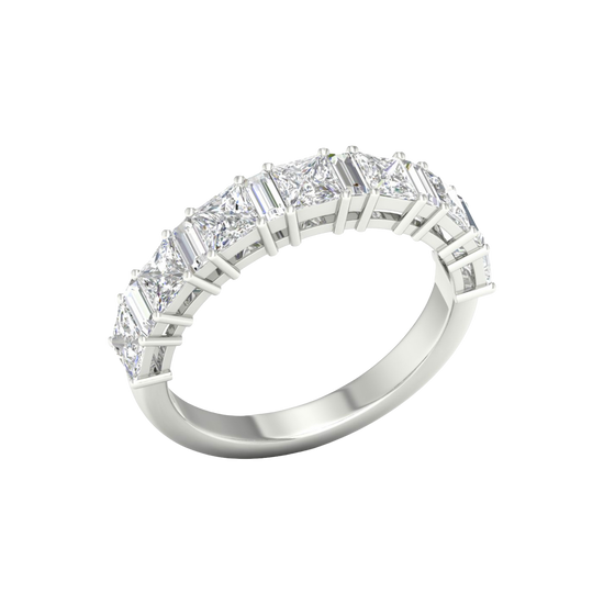 An angled view of a 14K white gold eternity ring, showcasing the brilliant line of princess-cut diamonds.