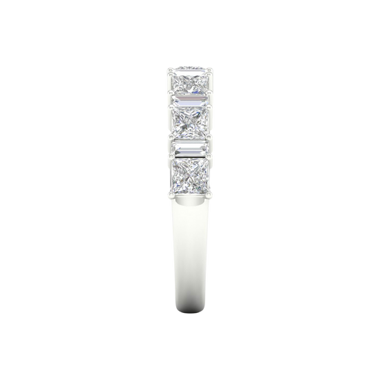 A side-profile view of a 14K white gold eternity ring, showing the clean, open setting of the diamonds.