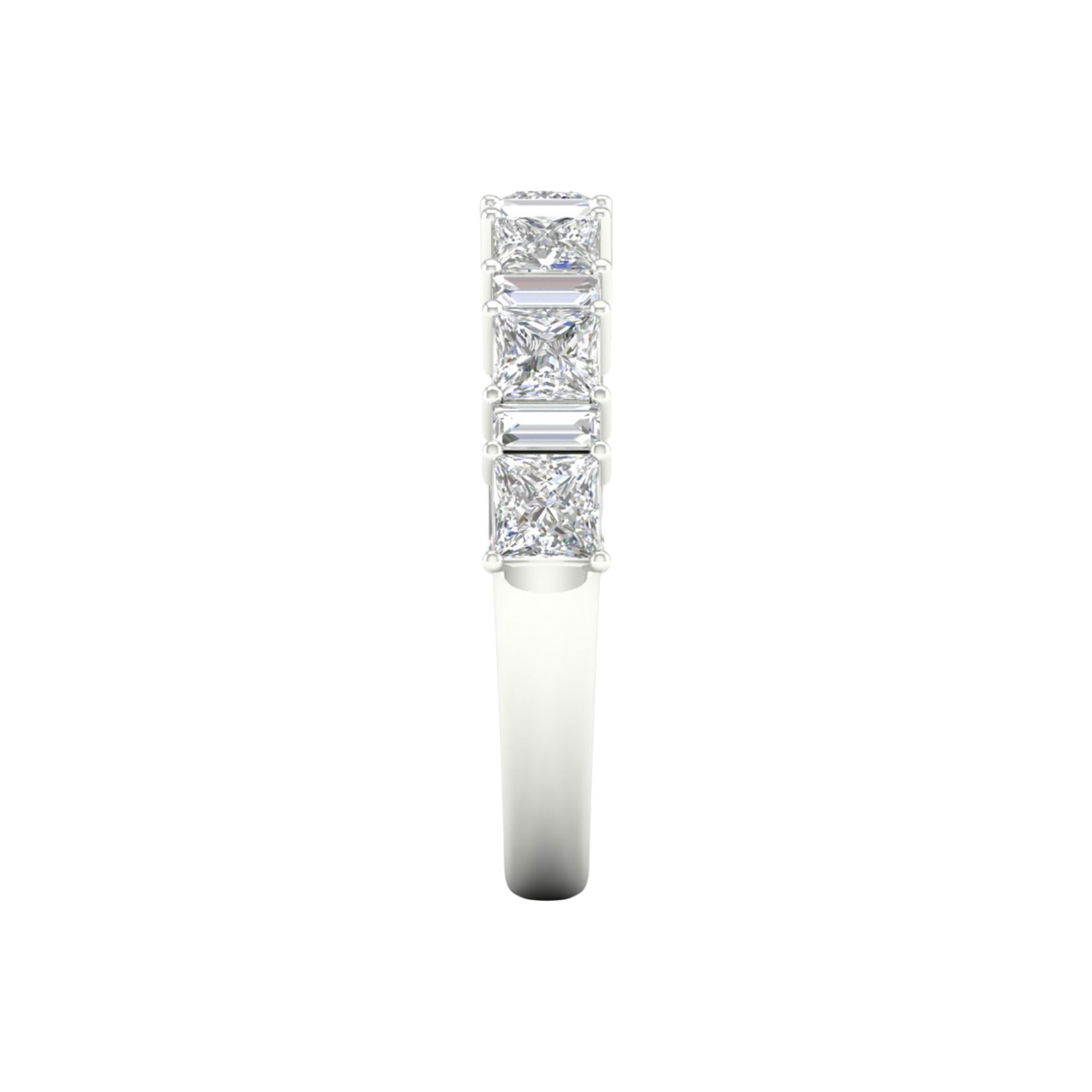 A side-profile view of a 14K white gold eternity ring, showing the clean, open setting of the diamonds.