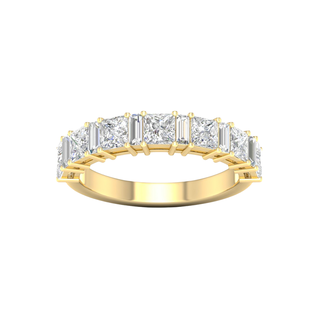 A top-down view of a 14K yellow gold eternity ring with a continuous line of horizontally-set princess-cut diamonds.