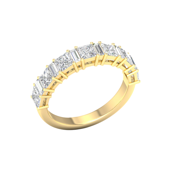 An angled view of a 14K yellow gold eternity ring, showcasing the brilliant line of princess-cut diamonds.