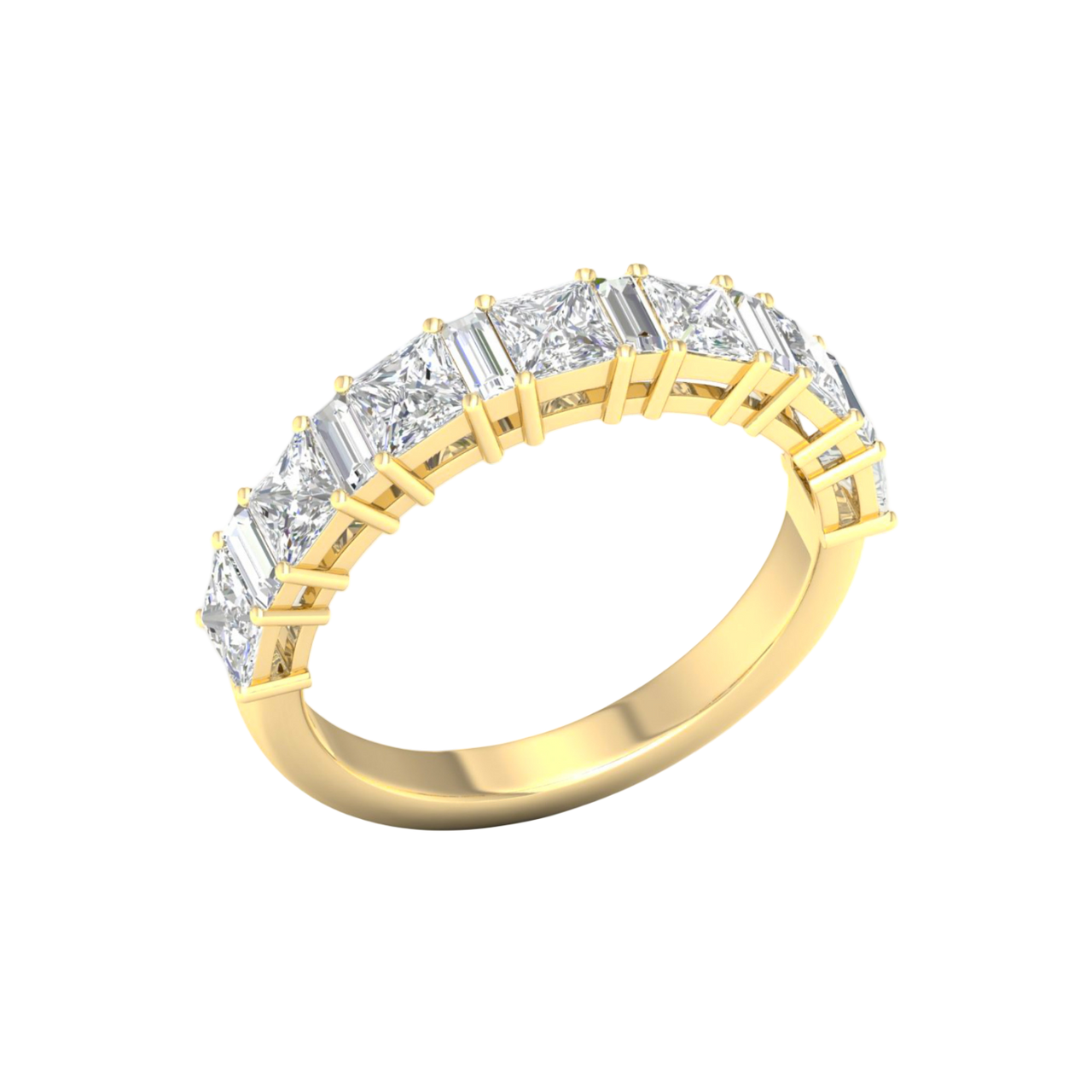 An angled view of a 14K yellow gold eternity ring, showcasing the brilliant line of princess-cut diamonds.