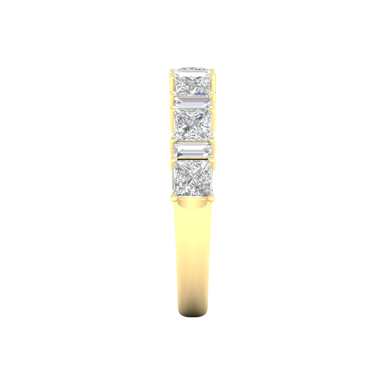 A side-profile view of a 14K yellow gold eternity ring, showing the clean, open setting of the diamonds.