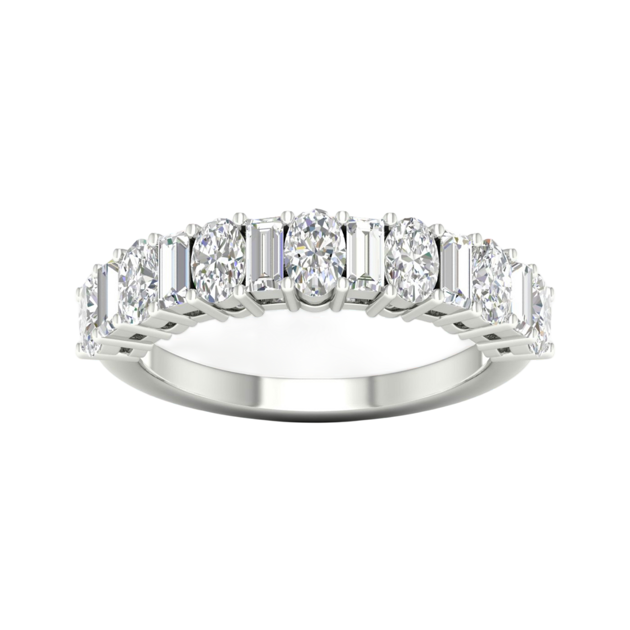 A top-down view of a 14K white gold eternity ring with a continuous line of horizontally-set round diamonds.