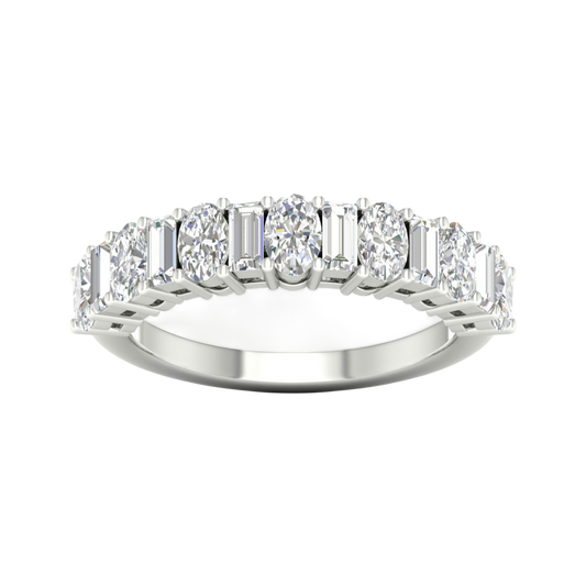 A top-down view of a 14K white gold eternity ring with a continuous line of horizontally-set round diamonds.